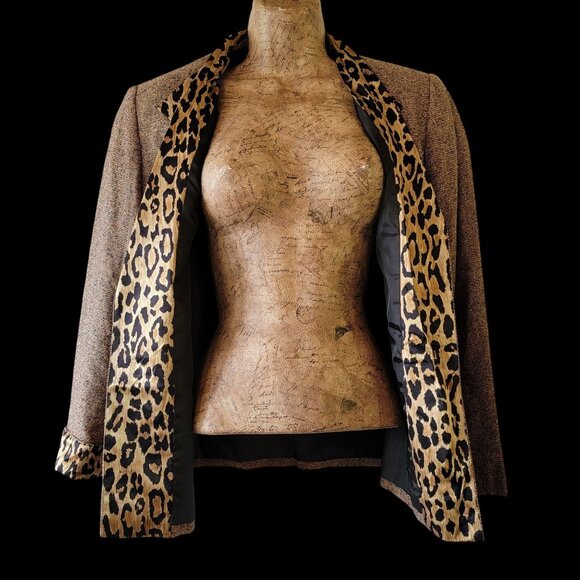 Vintage Silk Womens Tweed Blazer With Leopard Print Lapel & Cuffs - Picture 4 of 13